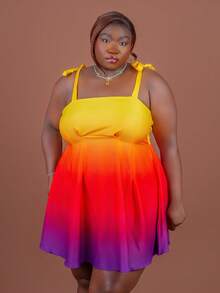 CurvyTilda Plus Size Women Sunset Gradient Print Spaghetti Strap Tie-Up Short Dress, Yellow Gradient Orange Holiday Dress Party, For Hourglass Body Shape - Multicolor - View 3