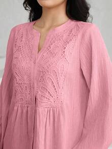 Graceveil Women's Lace Patchwork Textured Lantern Sleeve Blouse - Pink - View 3