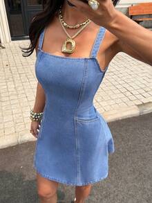 Rivivi Đầm denim ngắn hở lưng hai dây kiểu dáng thường ngày dành cho nữ - Màu xanh lam - Xem 2