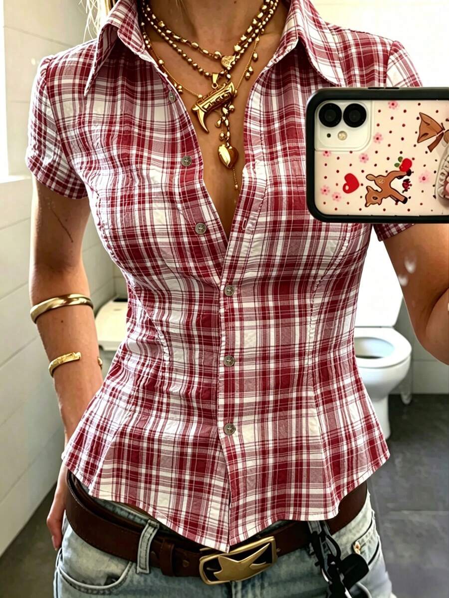 INAWLY Women's Polo Collar Short Sleeve Fitted Shirt - Burgundy - View 1