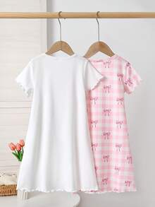 2件少女服飾，白色，夏季，仙女風，家庭套裝甜美圓領短袖睡裙洋裝，粉色格紋蝴蝶結印花睡衣 - 粉色 - 查看 2