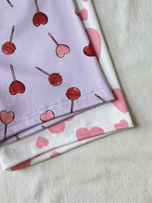 Set Piyama Anak Perempuan 4pcs/Set, Atasan Lengan Pendek dan Celana Pendek Motif Permen Lolipop dan Hati Warna-warni, Pas di Badan, Musim Panas - Purple - View 6
