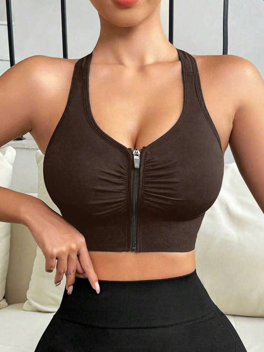 Easithlete Easithlete 女士纯色褶皱拉链运动文胸 - 棕色 - 查看 1