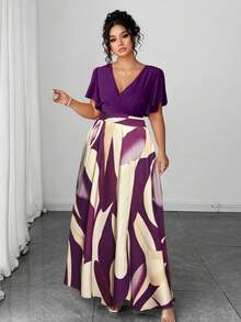 Elenzga Đầm maxi dáng rộng dành cho nữ cỡ lớn, phong cách Bohemian, thích hợp cho kỳ nghỉ biển, du lịch thường ngày, thanh lịch, cao cấp, với họa tiết hình học bất đối xứng đầy màu sắc, thời trang, quyến rũ, cổ tròn, tay bồng. - Màu tím - Xem 5