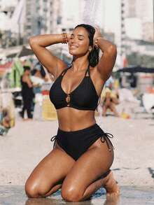 Swim Vcay بيكيني مجموعة مع حلقة عنق مجعد مقاس كبير للنساء، مناسب للصيف والشاطئ والمنتجعات والحمامات السباحة - الأسود - مشاهدة 3