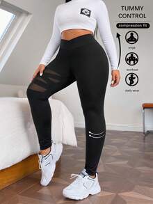 SHEIN CURVE+ Plus Size Women's Solid Color Basic Leggings, Contrast Mesh Sheer Leggings, Casual, Sports, Carnival Wear, Black Leggings Gym Workout Summer - Black - View 10