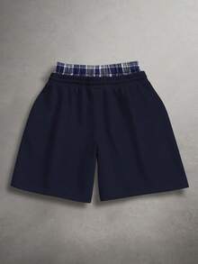 STYNVO Quần short nam mùa hè kiểu dáng thường ngày, phối họa tiết kẻ caro, thêu chữ, có dây rút ở eo. - Màu xanh hải quân - Xem 2