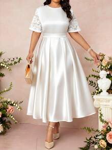 SHEIN Lady Plus Size Elegant Party Solid Color Lace Patchwork Dress - White - View 5