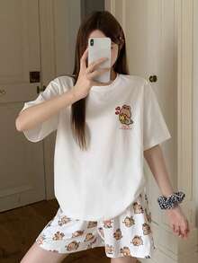 DAZY 2pcs/Set Cute Rabbit Pattern Loose Short Sleeve T-Shirt And Shorts Pajama Set, Summer Women Sleepwear - White - View 1