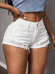 Slaydiva Plus Size Summer Casual Solid Color Distressed Denim Shorts - White - View 1