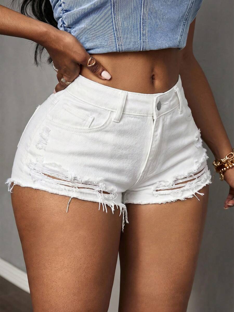 Slaydiva Plus Size Summer Casual Solid Color Distressed Denim Shorts - White - View 1