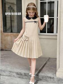 SHEIN Girls' Elegant Colorblock Ruffle Bow Decor Textured Fabric Dress,Beige,Summer,School,Back-To-School Pleated Skirt For Graduation Tea Party Events - Khaki - View 1
