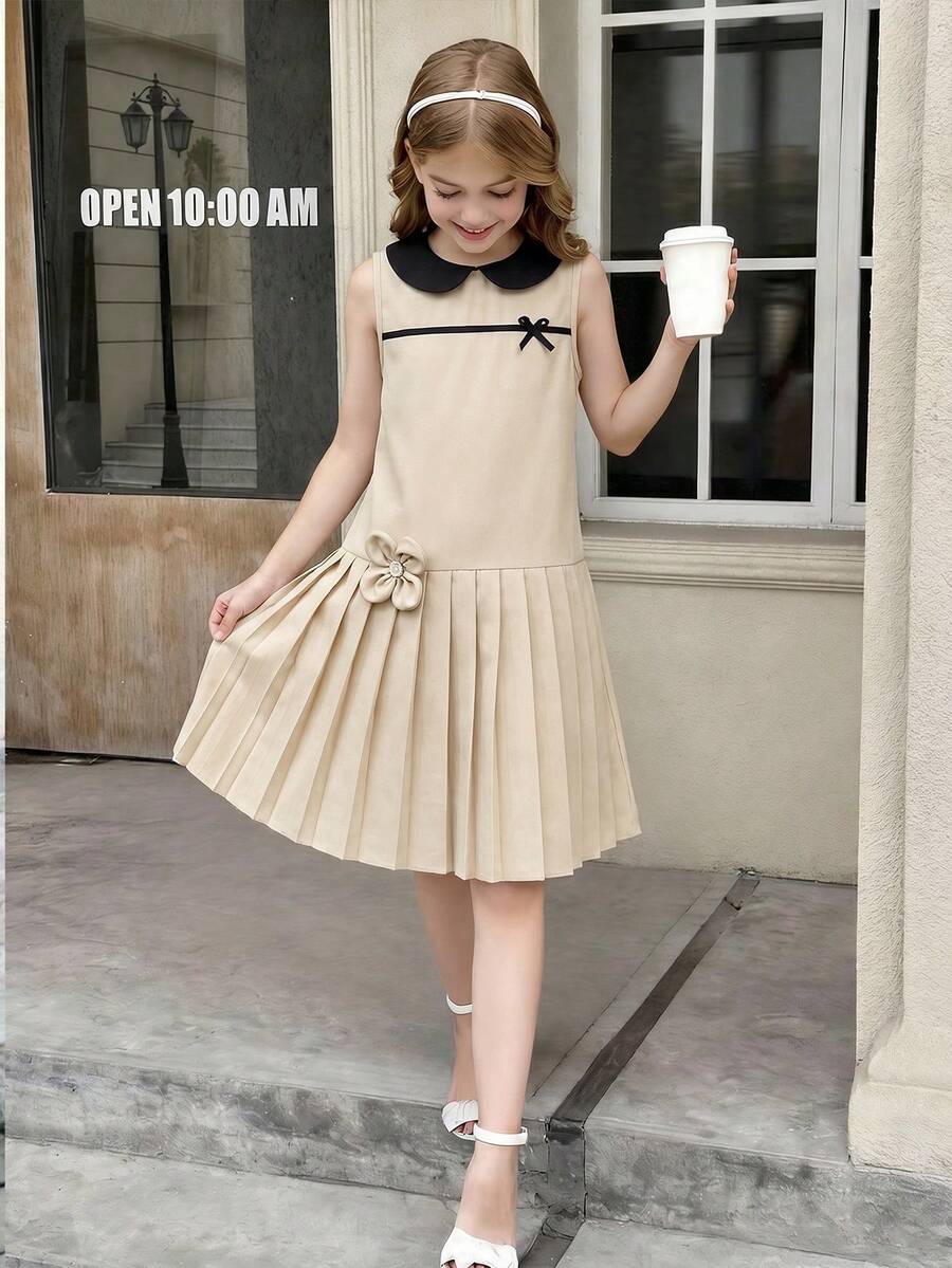 SHEIN Girls' Elegant Colorblock Ruffle Bow Decor Textured Fabric Dress,Beige,Summer,School,Back-To-School Pleated Skirt For Graduation Tea Party Events - Khaki - View 1