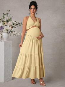 SHEIN 女款純色細肩帶上衣扭結設計優雅長裙孕婦兩件套 - 卡其色 - 查看 5