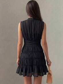 Modelyn Black Chiffon Shirred Waist Sleeveless Elegant French Style Vacation Party Dress For Women - Black - View 3