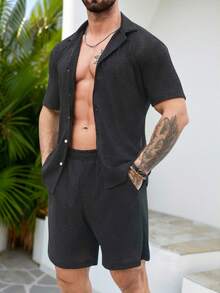 VENTUSAIL 男士黑色两件套，春夏波浪纹提花衬衫 - 黑色 - 查看 7