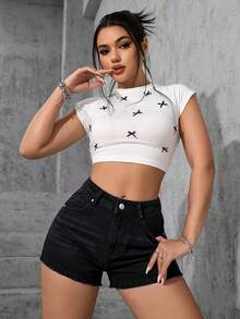 SHEIN PETITE Women's High Waist Pockets Casual Versatile Denim Shorts - Black - View 4