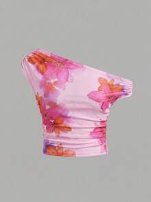 SHEIN Áo thun nữ tuổi teen kiểu lệch vai, in họa tiết tie-dye, cổ bèo nhún, áo kiểu lệch vai, trang phục mùa xuân/hè, đồ đi biển, đi làm, thanh lịch, đi nghỉ mát, bãi biển, phong cách boho, Hawaii, lễ hội âm nhạc, hẹn hò - Hồng - Xem 3
