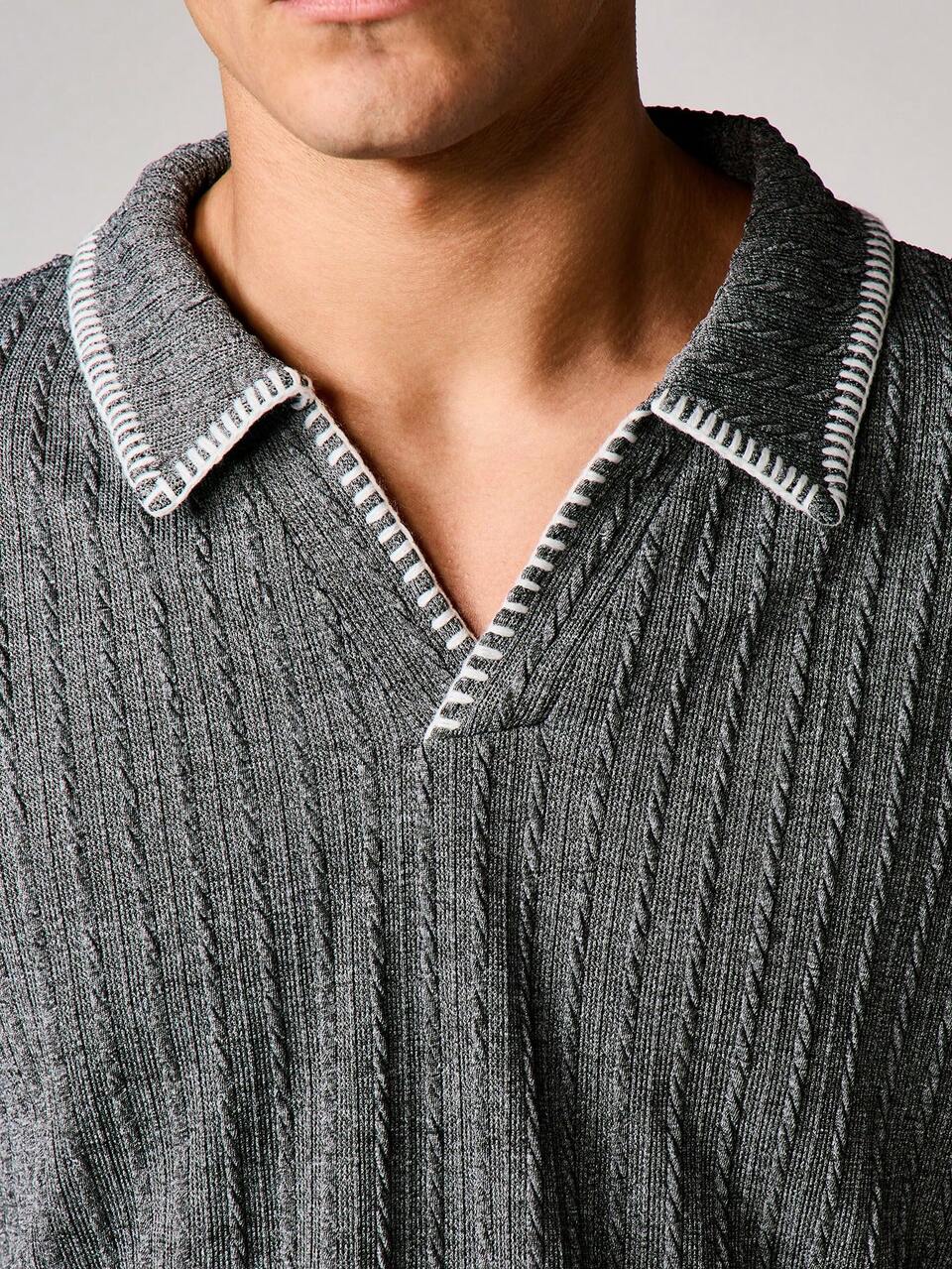 Grey Cable Knit Short Sleeve Collared Polo Shirt With Contrast Trim Detail Classic Regular Fit Casual Summer Top