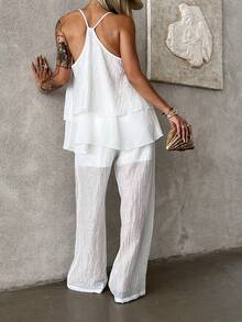 DAZY Conjunto de 2 piezas con top de tirantes blanco holgado y fluido, y pantalones de pierna ancha - Blanco - Ver 2