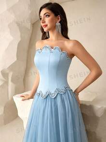 Coutiva Women's Rhinestone Embellished Mesh Patchwork Maxi Formal Gown (Heavily Embellished) - Baby Blue - View 7