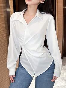 EMERY ROSE Women's Plain Color Long Sleeve Wrap Blouse, Spring Autumn Women Shirt - White - View 3