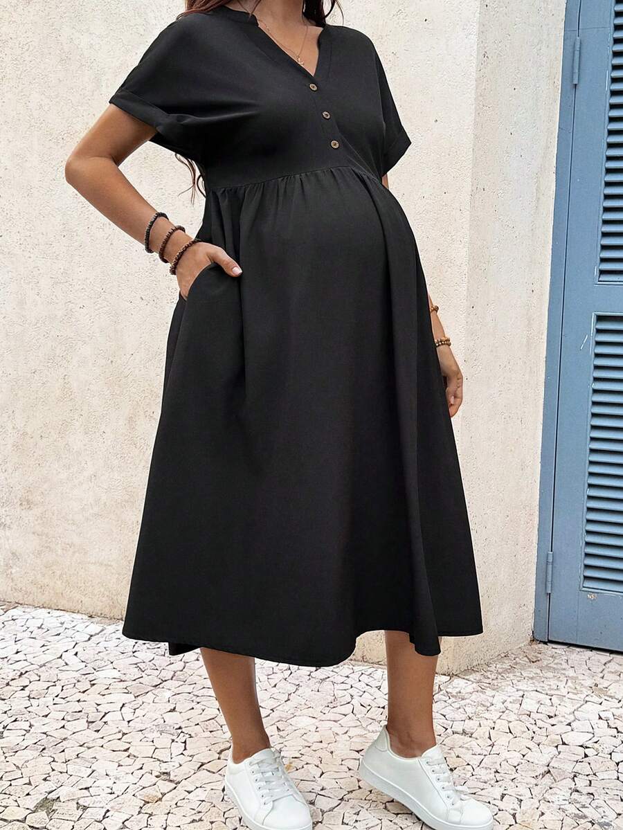 SHEIN 孕妇纯色纽扣装饰休闲连衣裙，日常百搭 - 黑色 - 查看 1