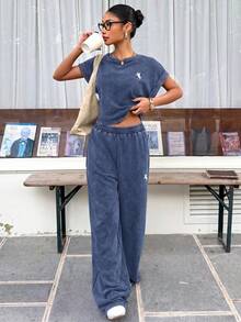 Muchica 女士复古水洗马刺绣装饰休闲宽松T恤和阔腿裤套装，适合外出、街头穿搭、Y2K风格，蓝色 - 藍色 - 查看 4