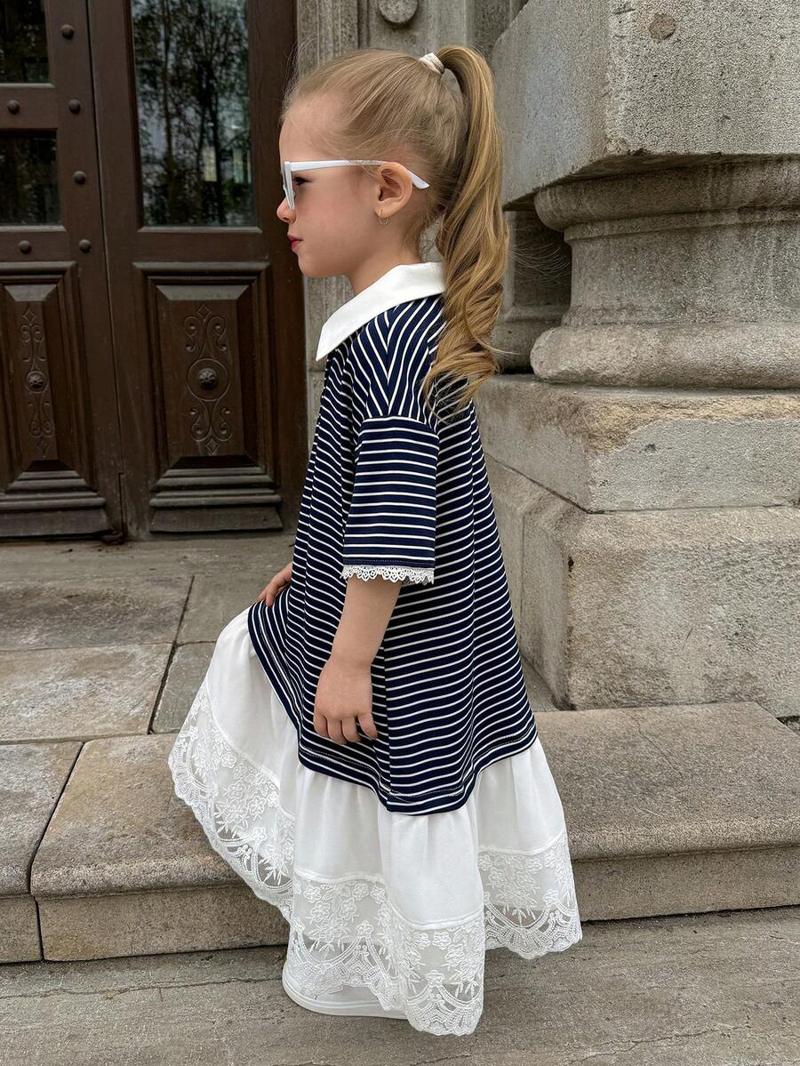 Dazy Kids Váy cổ ren phối màu tương phản dễ thương cho bé gái - Đen và trắng - Xem 1