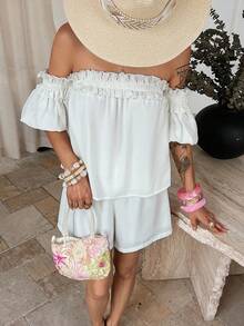 DAZY 2pcs Women's White Ruffled One-Shoulder Blouse Set, Loose Fit - White - View 5