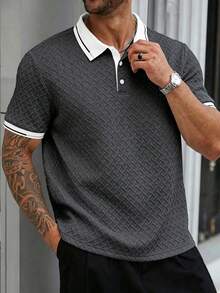 Manfinity Homme 男士大尺碼對比色短袖休閒通勤 Polo 衫，正式款 - 深灰色 - 查看 3