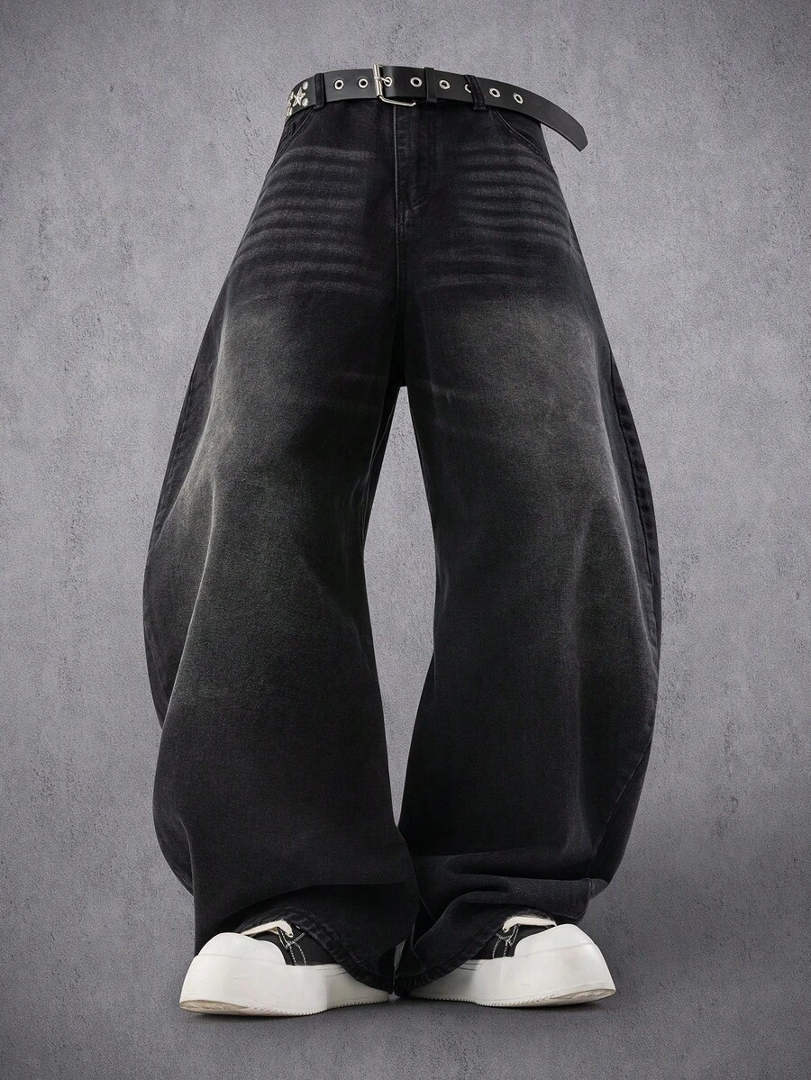 Manfinity Denimwave Y2K Retro Streetwear Men Faded Light Blue Barrel Leg Baggy Jeans - Black - View 1