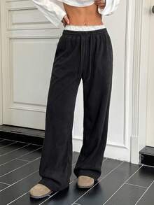 SHEIN EZwear Contrast Color Lace Patchwork Drawstring Waist Oblique Pocket Women's Pants - Black - View 4