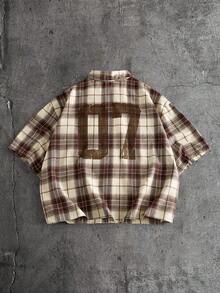 AXEPEAK Plus Size Men's Plaid Short Sleeve Single-Breasted Casual Commuter Shirt - Brown - View 2