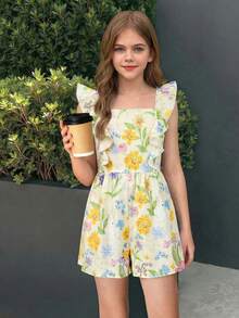 SHEIN Bộ áo liền quần dáng rộng kẻ sọc cổ vuông tay ngắn cho bé gái tuổi teen, thích hợp cho kỳ nghỉ. - Nhiều màu - Xem 5