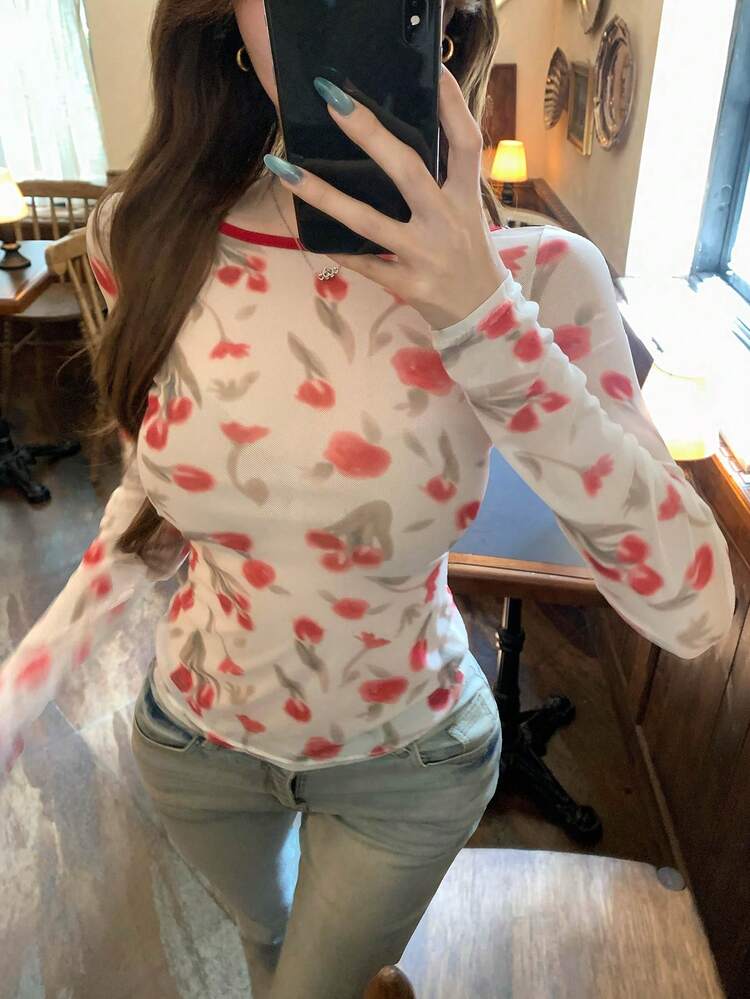 Women's Full Print Tie-Up Long Sleeve Casual Korean Style Contrast Color T-Shirt