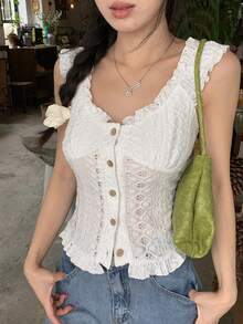DAZY 女款紋理韓風休閒甜美短袖襯衫 夏季可愛上衣 - 白色 - 查看 6