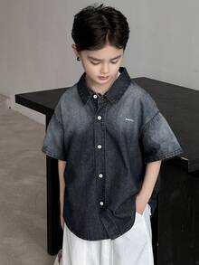 Dazy Kids 青少年男童拼接单排扣休闲百搭日常牛仔夹克 - 黑色 - 查看 3