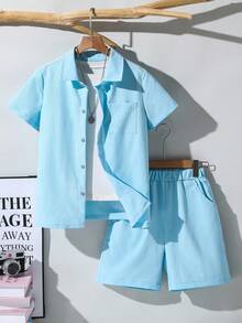 SHEIN Tween Boy Solid Color Short Sleeve Shirt And Shorts 2 Pieces Set - Baby Blue - View 5