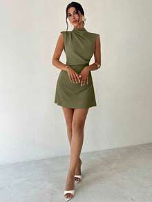 Firerie Women's Elegant Minimalist Casual Daily Commute Vacation Fashion New Small Stand Collar Draped Sleeve Cinched Waist A-Line Mini Dress, Apricot Color,Dresses For Women Summer - Army Green - View 4