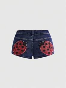 ROMWE Quần short denim cạp thấp thêu hình bọ rùa và quả táo vui nhộn thời Y2K - Màu xanh hải quân - Xem 1