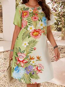 EMERY ROSE Plus Size Women's Light Green Summer Elegant Vacation Holiday Floral Printed Pullover Dress,Casual Countryside Style Positioning Print Outfits - Multicolor - View 5
