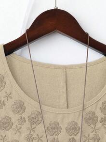SHEIN LUNE CURVE Plus Size Women's Solid Color Linen-Like Round Neck Embroidered 3/4 Sleeve Casual Blouse - Apricot - View 4