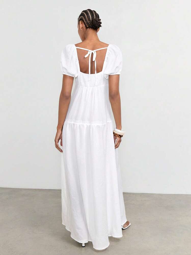 SHEIN Maija Women's White Sweetheart Neck Petal Sleeve Elegant Modest Summer Dress,Vacation Beach Outfit,Graduation Holiday Vacation Dresses
