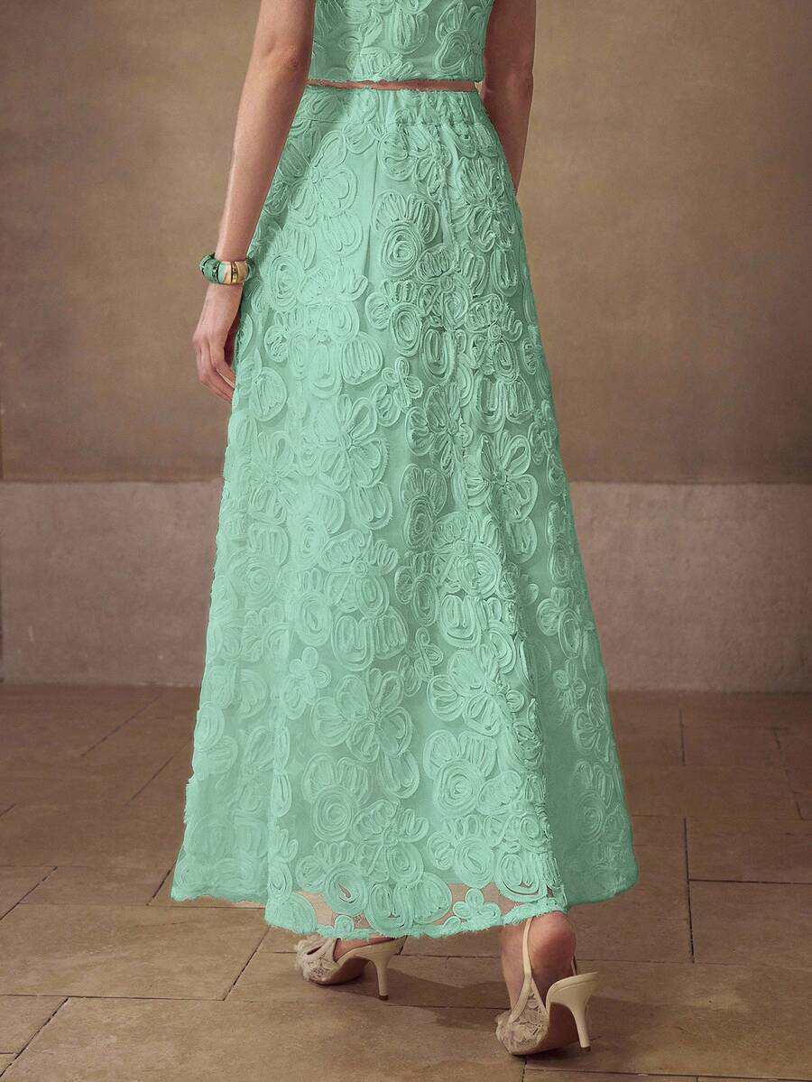 MOTF PREMIUM ELEGANT JACQUARD TEXTURED LACE A-LINE HIGH-CINCHED WAIST LONG SKIRT FOR WOMEN PARTY GREEN FLORAL SUMMER - Green - View 2