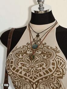 SHEIN ICON Áo liền thân nữ kiểu retro in họa tiết, hở lưng, cổ yếm, thích hợp cho mùa hè. - Màu be - Xem 4