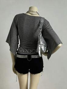 EgrlEra Camiseta de punto vintage ajustada con cuello en V profundo sexy para mujer - Gris Oscuro - Ver 2