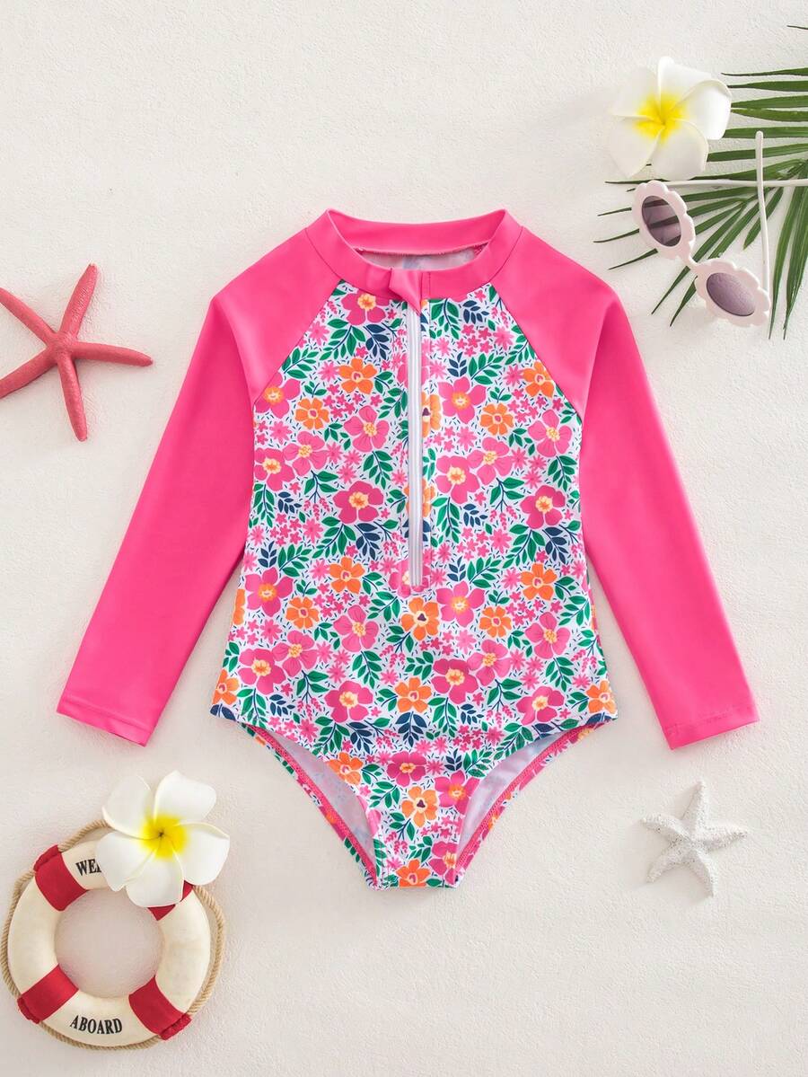 SHEIN Young Girl Floral Print Splice Raglan Sleeve Half Zip Front One-Piece Swimsuit, Beach/Holiday Style - Multicolor - View 1