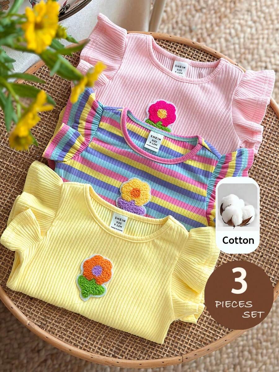 LMoss Kids 3pcs Baby Girl Knitted Solid Striped 3D Flower Round Neck Vest Set - Multicolor - View 1