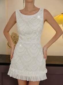 Poshira Elegant Mini Round Neck Dress,Water-Soluble Floral Pearl Design,Ruffled Hem For Birthday,Graduation,Cocktail Party,Music Festival,Spring/Summer Style - White - View 5